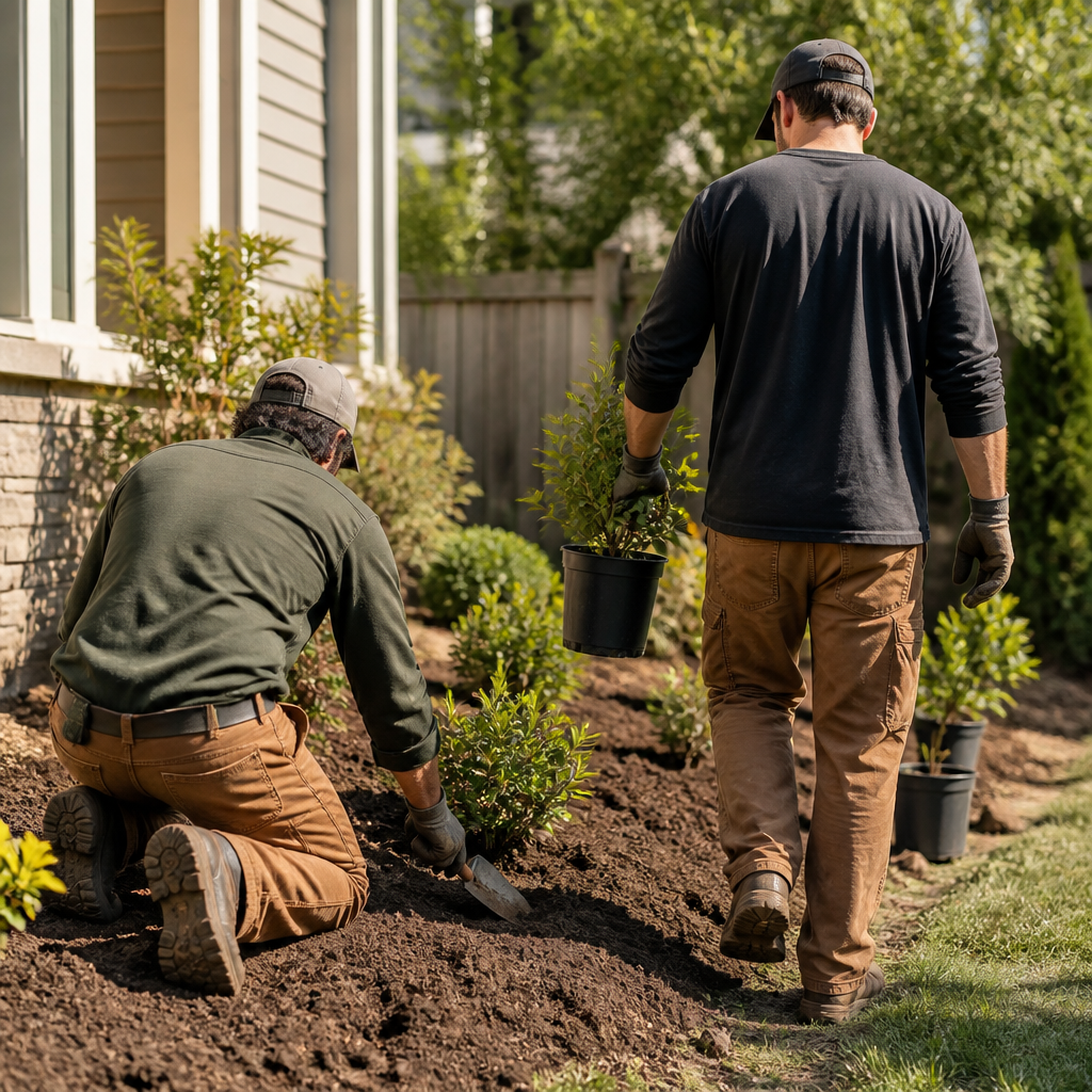 Landscaping crew planting shrubs in a residential yard