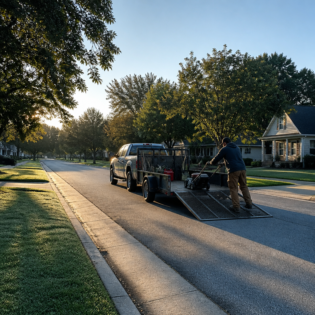 Landscaper loading equipment from a work trailer in the early morning